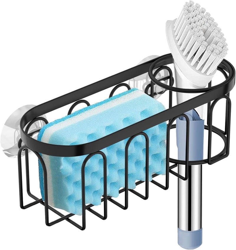 Yazoni 2-in-1 Sponge Holder for Kitchen Sink, Suction Cup Sponge Rack Kitchen Caddy, No Drill Rustproof Sink Organizer Holder for Place Dishwashing Brush Soap (Black) - Image 1